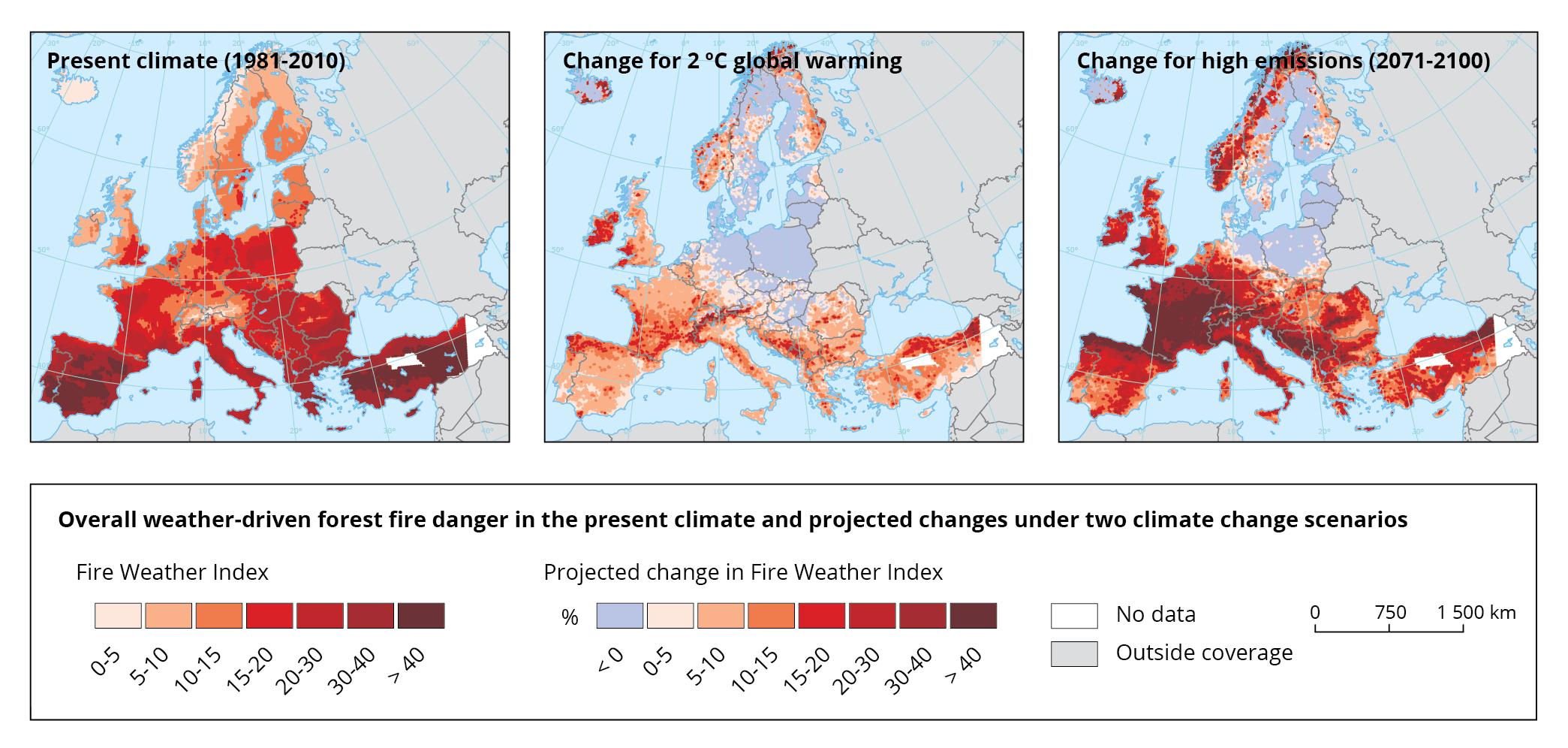 Forest fire danger in the present climate and projected changes under two climate change scenarios