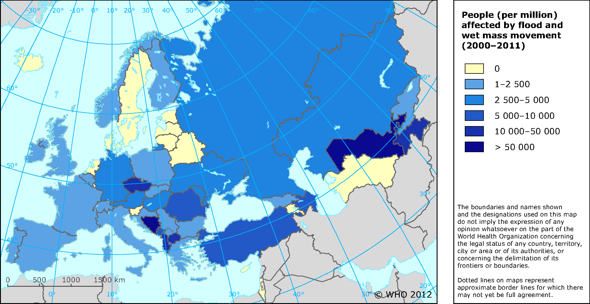 Number of people affected by flooding per million population in the WHO European Region 