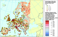 Percentage of the city that would be flooded in case rivers rise one metre