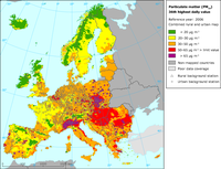 PM10 showing the 36th highest daily values at urban background sites superimposed on rural background concentrations, 2005