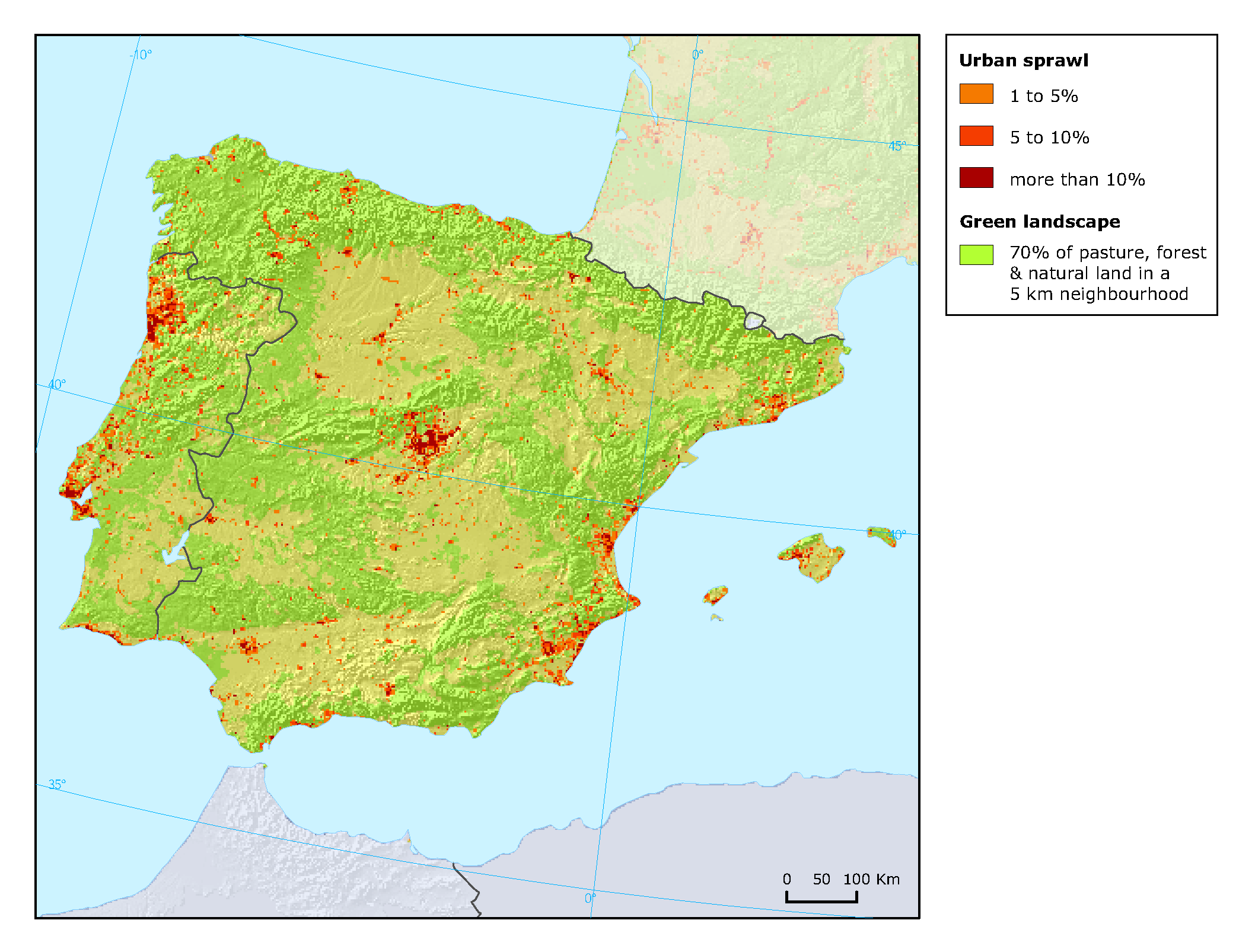 Polarised Urban Sprawl Around Major Cities And The Coast Of Portugal And Spain 1990 2000 European Environment Agency