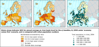 Water stress indicator WEI for annual average on river basin level for the a) baseline, b) 2050 under the 'economy comes first' scenario, and c) compared with urban population numbers