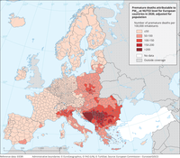 Premature deaths attributable to PM2.5 at NUTS3 level for European countries in 2020, adjusted for population