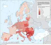 Premature deaths attributed to PM2.5 at NUTS3 level for European countries in 2019, normalized by population