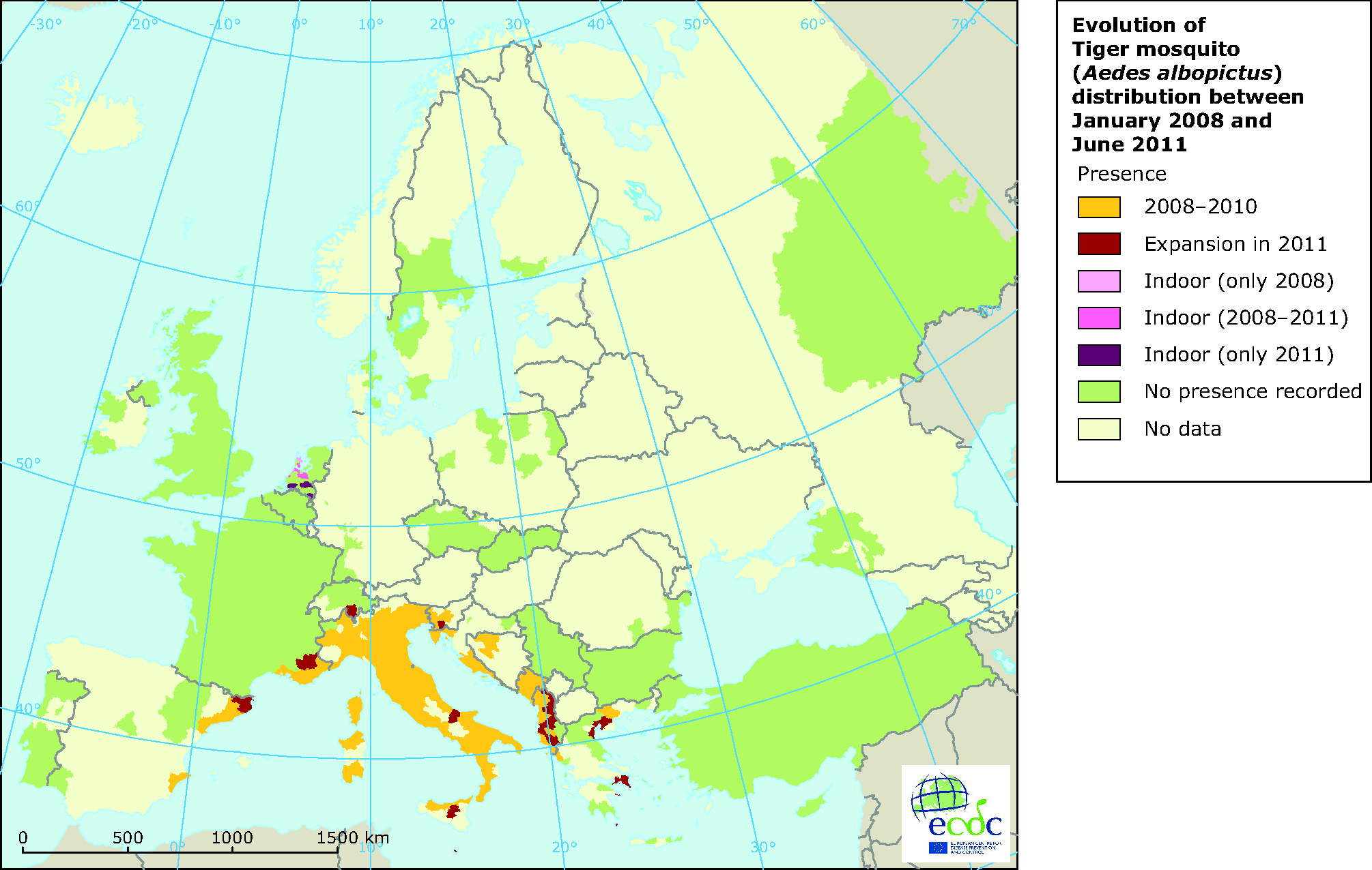 Change in the distribution of Aedes albopictus in Europe 