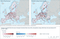 Presence of potential flood risk areas in European Functional Urban Areas (left), and population change within these risk areas between 2011 and 2021 (right)