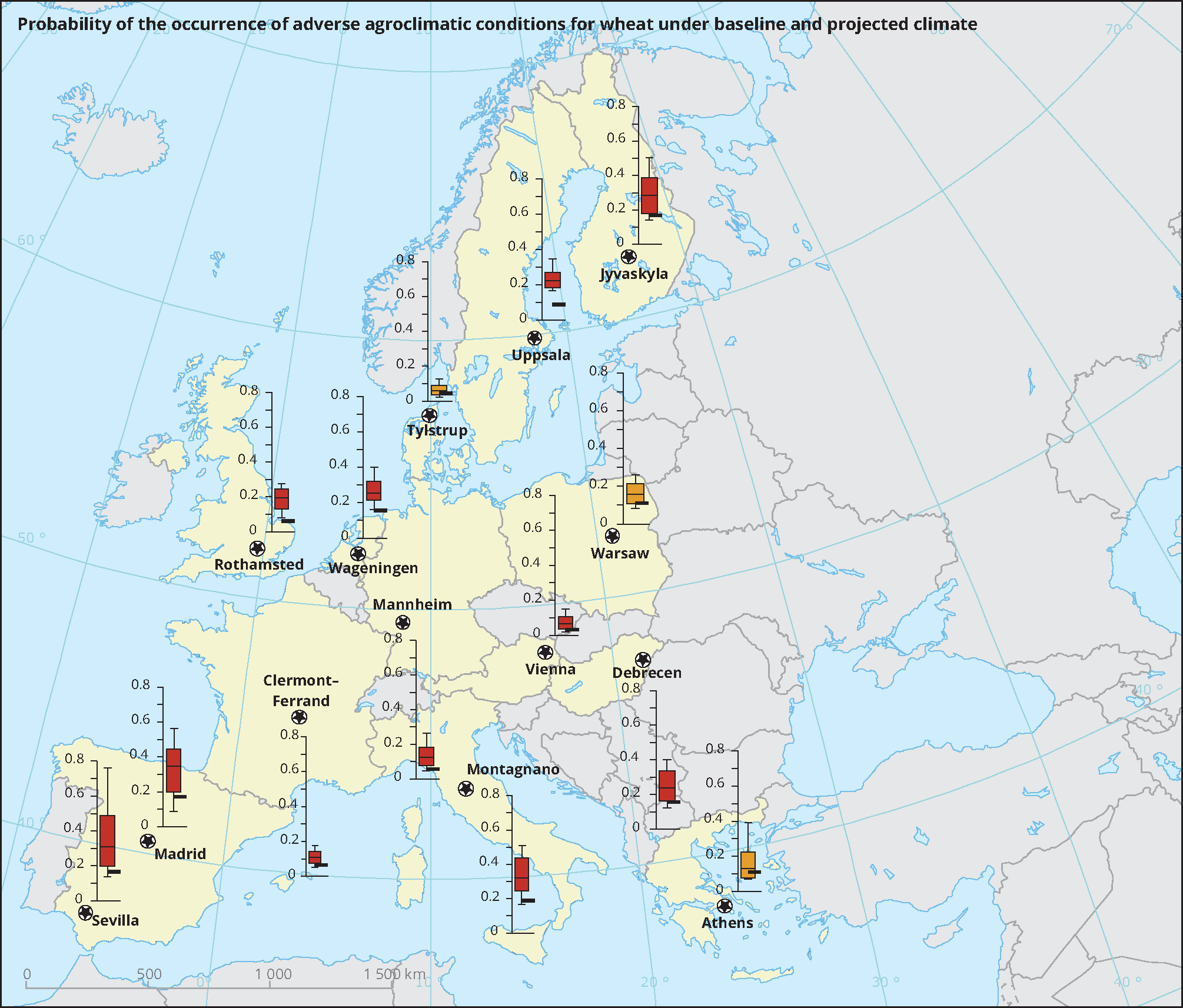 Probability of the occurrence of adverse agroclimatic conditions for wheat under baseline and projected climate