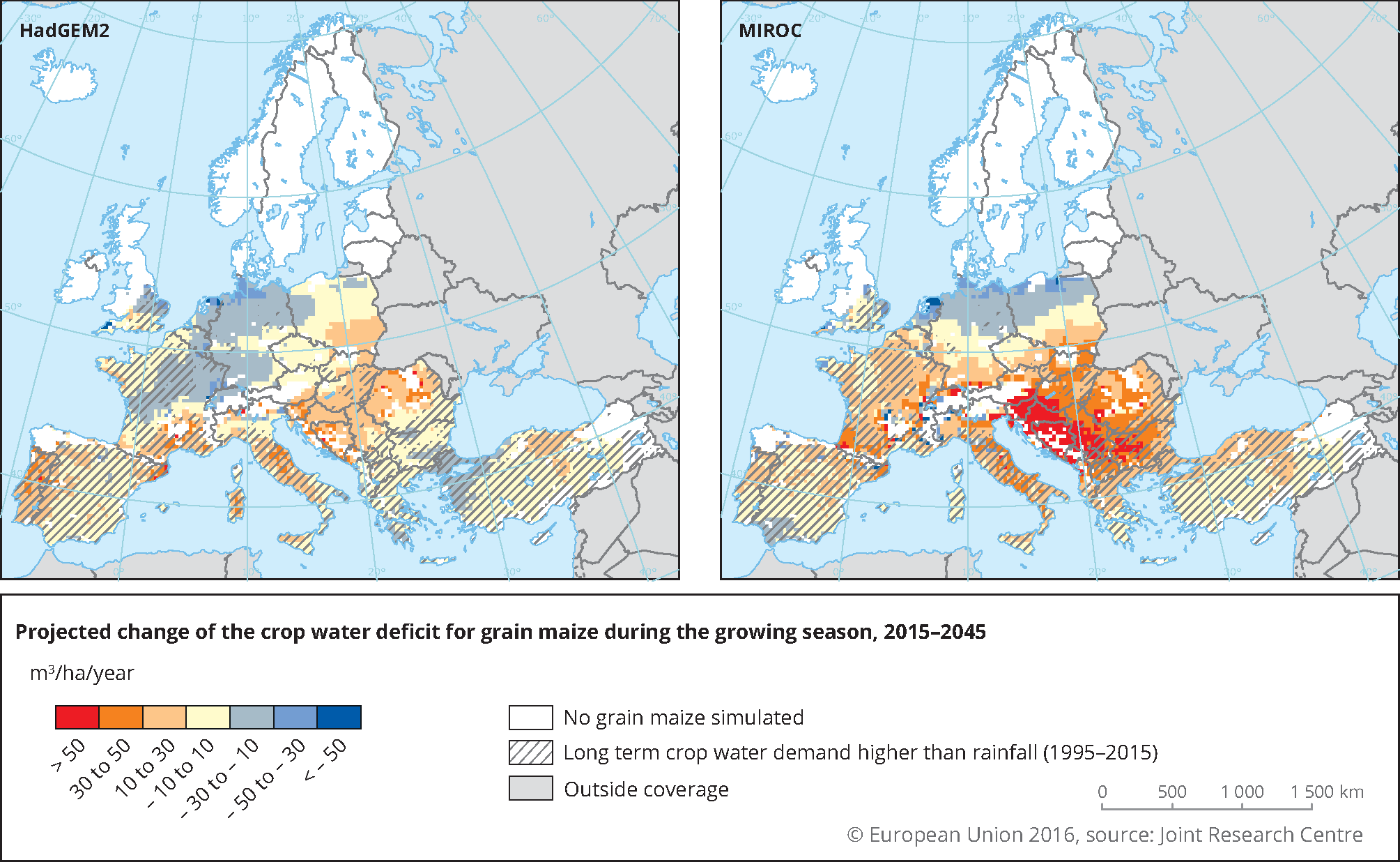 Projected annual rate of change of the crop water deficit of grain maize during the growing season in Europe for the period 2015-2045 for two climate scenarios. 