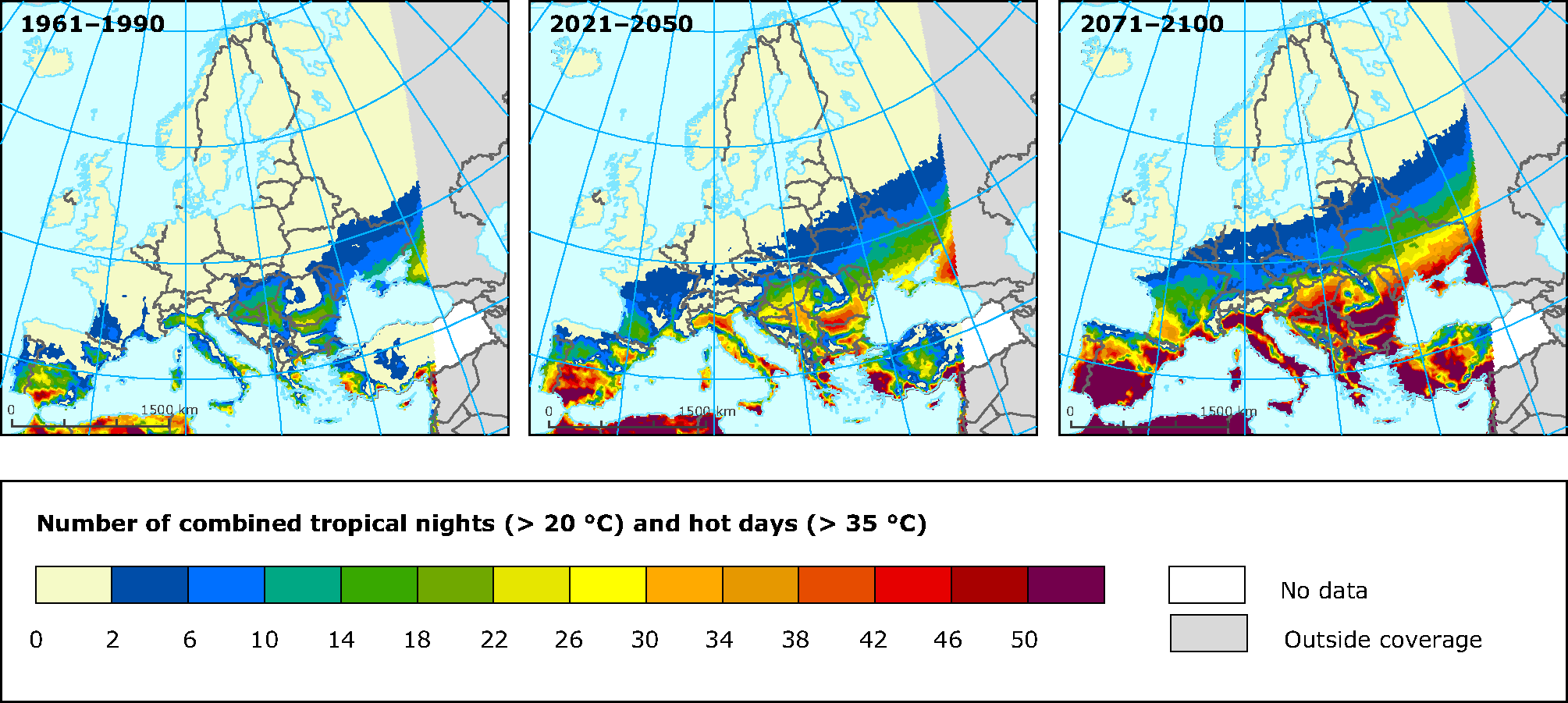 Projections of extreme temperatures as represented by the combined number of hot summer (June-August) days (TMAX>35°C) and tropical nights (TMIN>20°C)