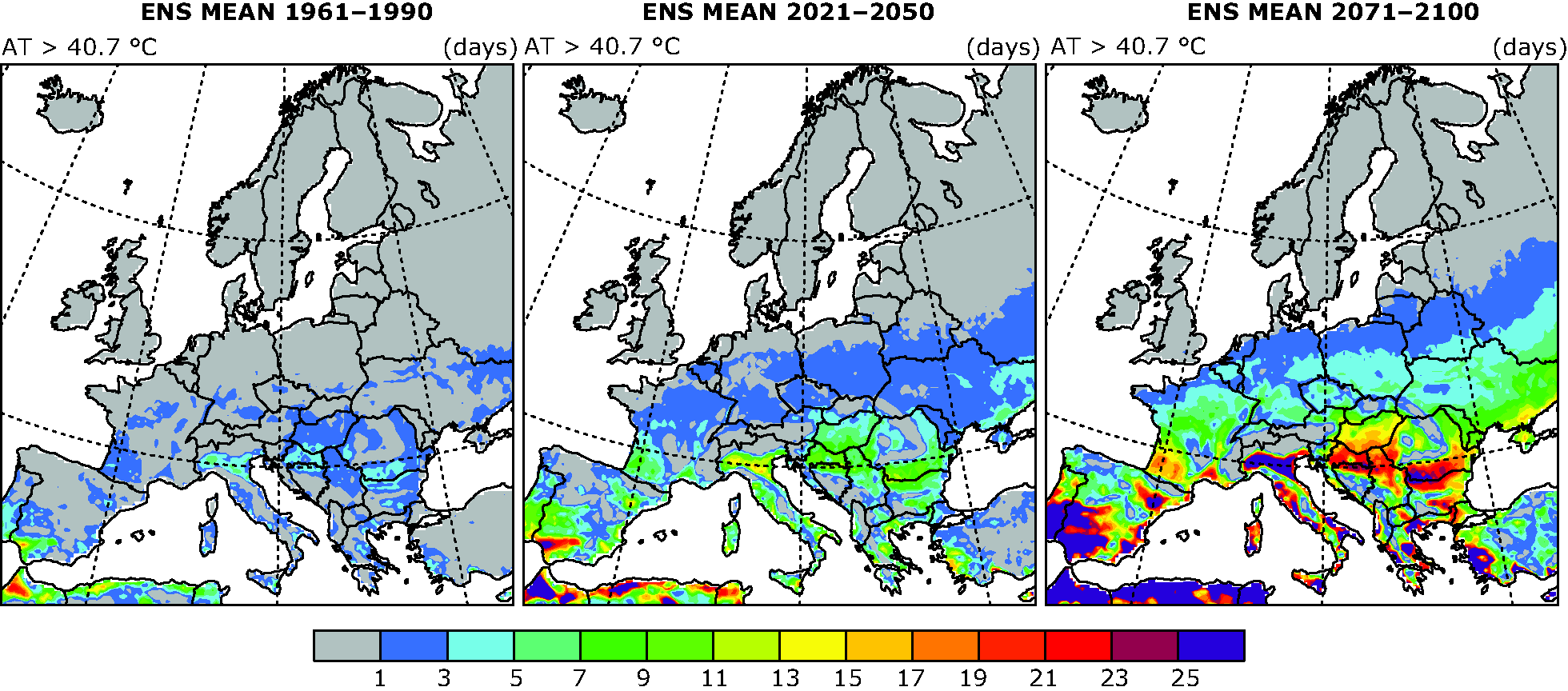 Projected average number of summer days exceeding the apparent temperature