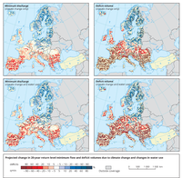 Projected change in 20 year return level minimum flow and deficit volumes due to climate change and changes in water use