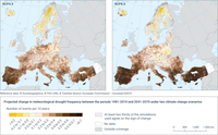 Projected change in meteorological drought frequency between the periods 1981-2010 and 2041-2070 under two climate change scenarios