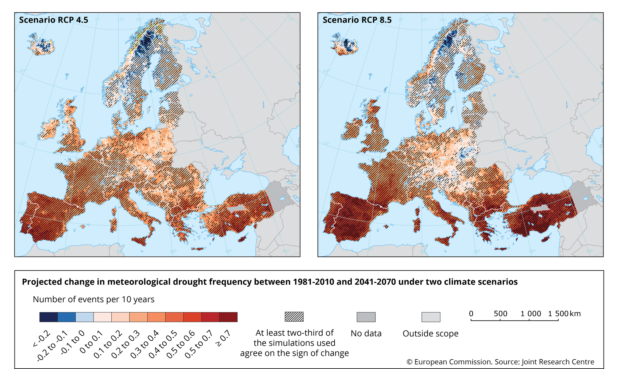 Projected change in meteorological drought frequency between the present (1981-2010) and the mid-century 21st century (2041-2070) in Europe, under two emissions scenarios