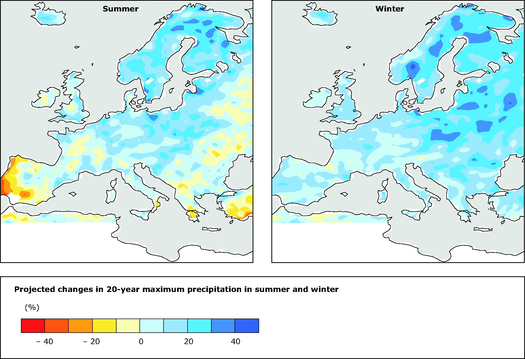 Projected changes in 20-year maximum precipitation in summer and winter