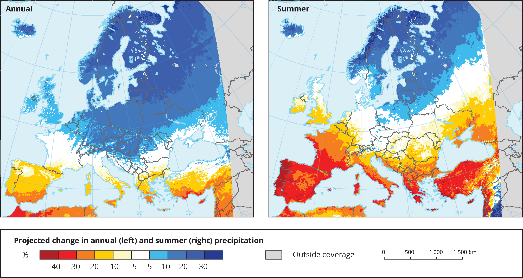 Projected change in annual and summer precipitation
