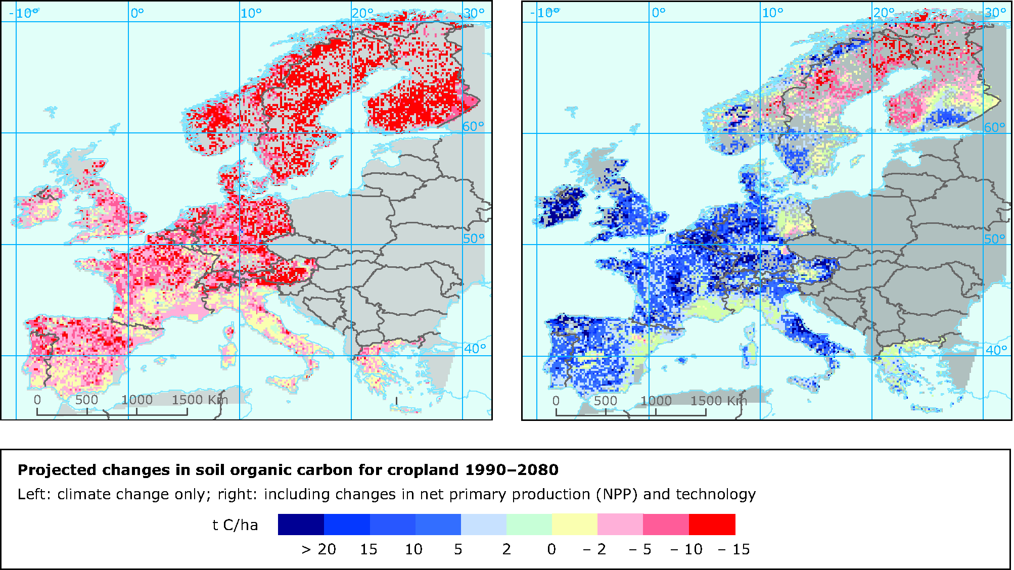 Projected changes in soil organic carbon for cropland 1990-2080