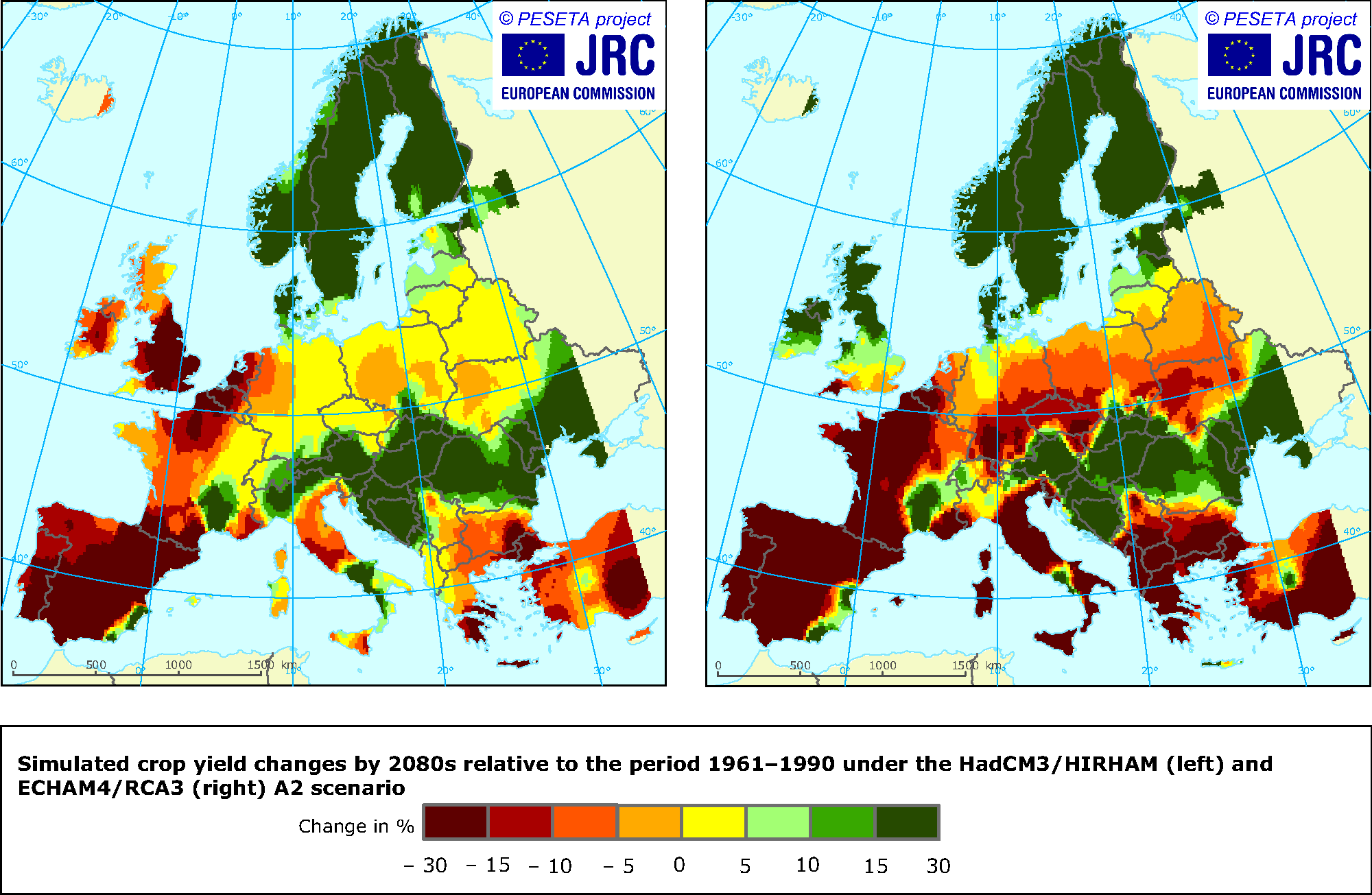 Projected crop yield changes between the 2080s and the reference period 1961-1990 by two different models