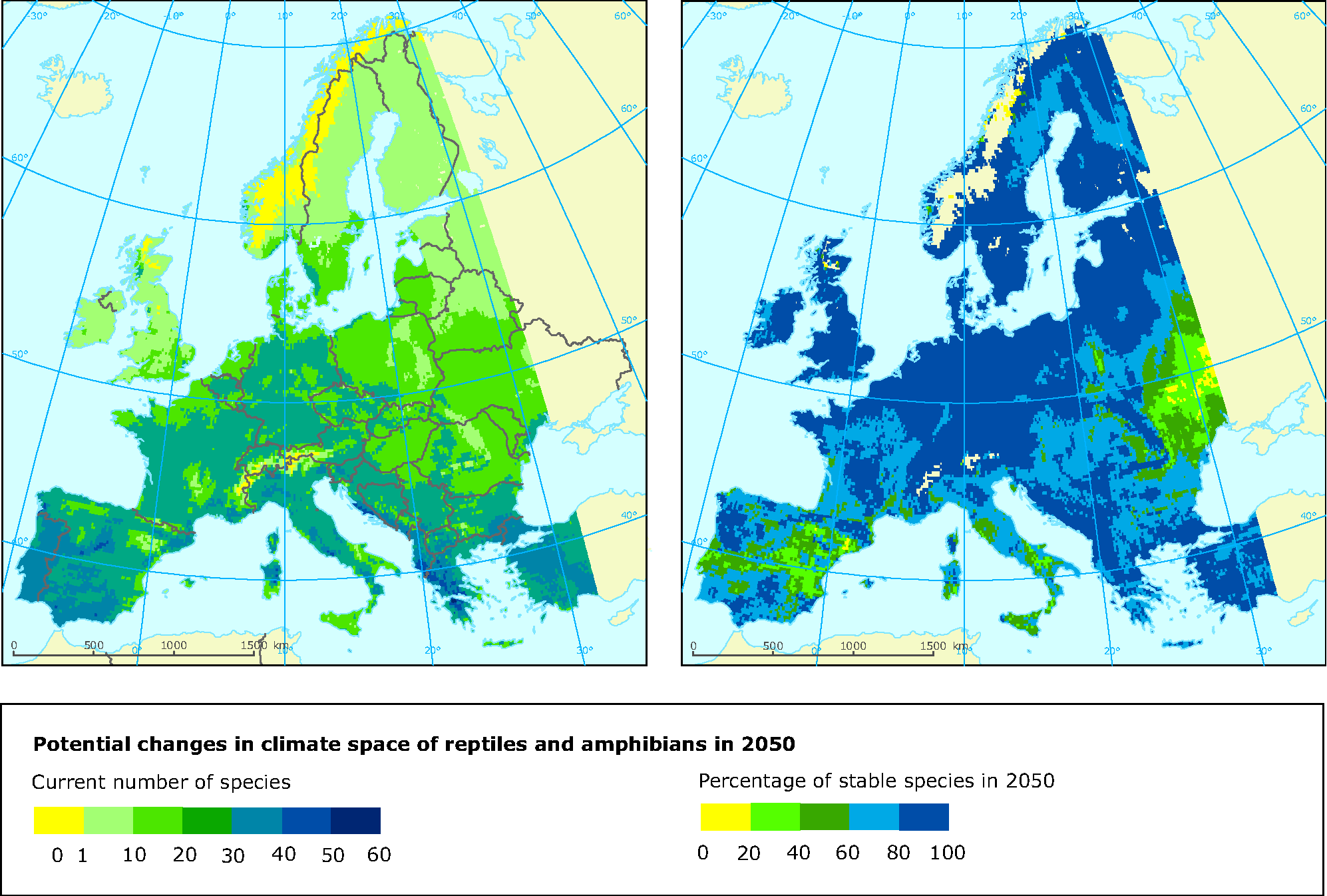 Projected impact of climate change on the potential distribution of reptiles and amphibians in 2050