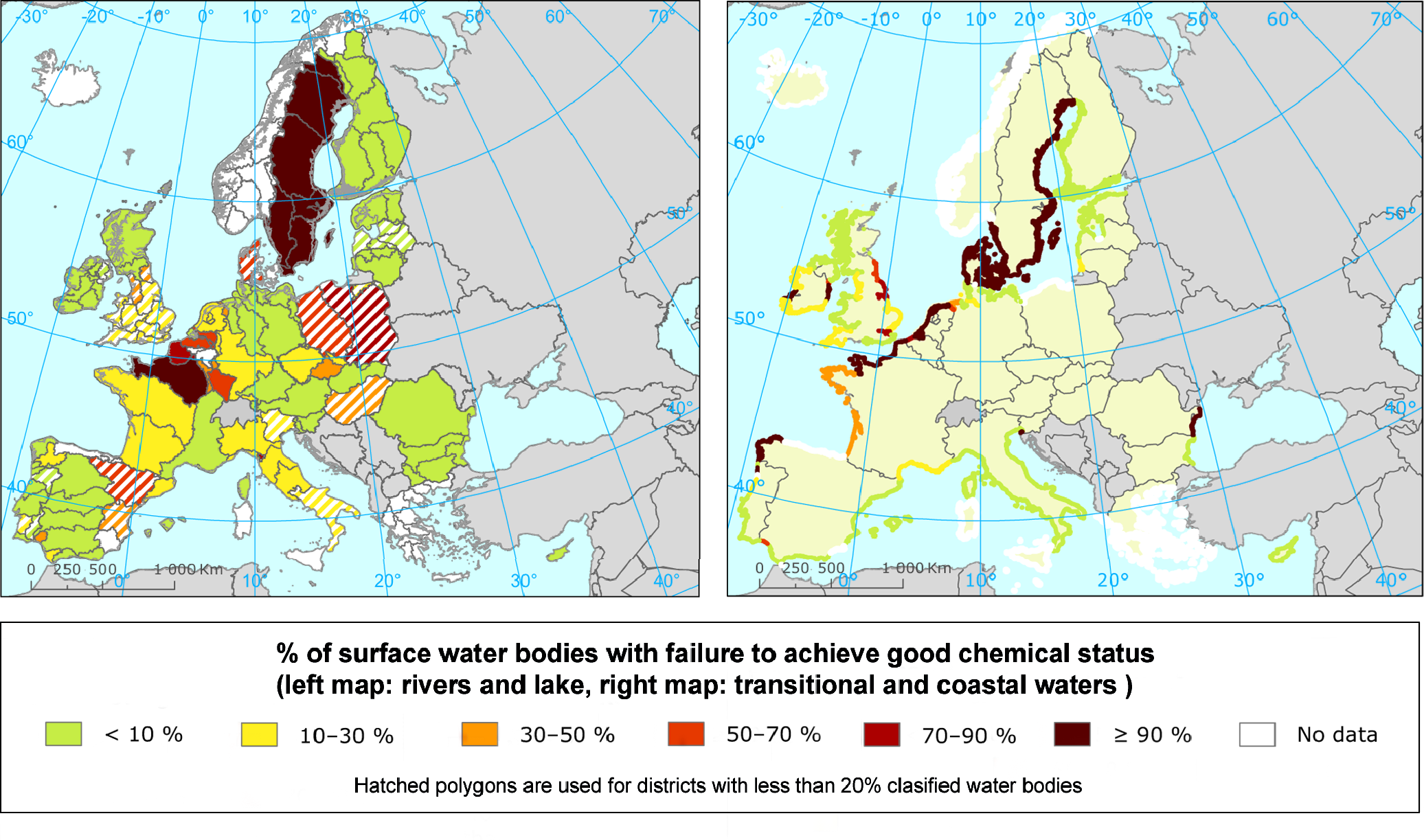 Proportion of classified surface water bodies in different River Basin Districts in poor chemical status for rivers and lakes (left panel) and for coastal and transitional waters (right panel) 