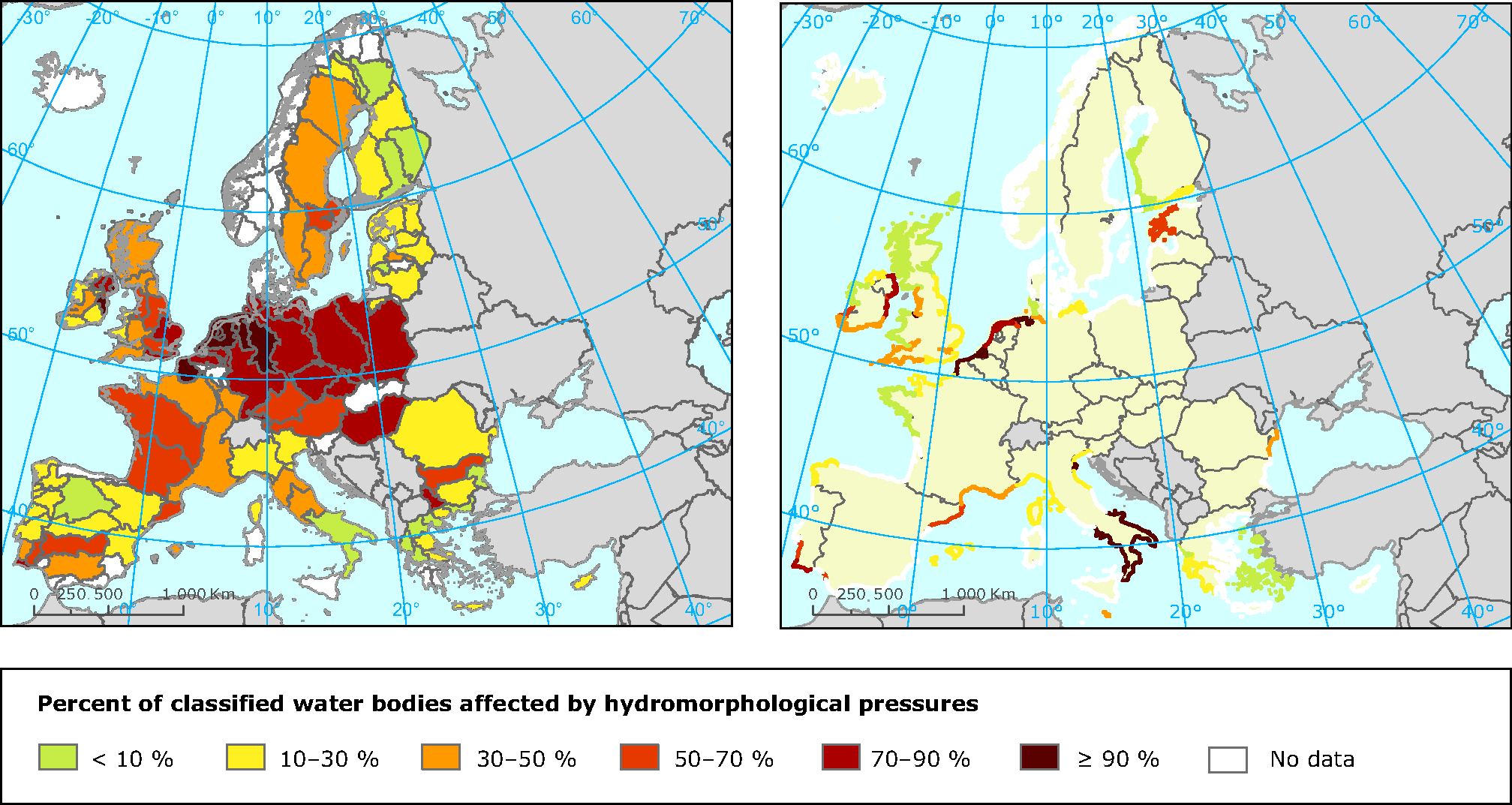 Proportion of classified water bodies in different RBDs affected by hydromorphological pressures, for rivers and lakes (left panel) and for coastal and transitional waters (right panel)
