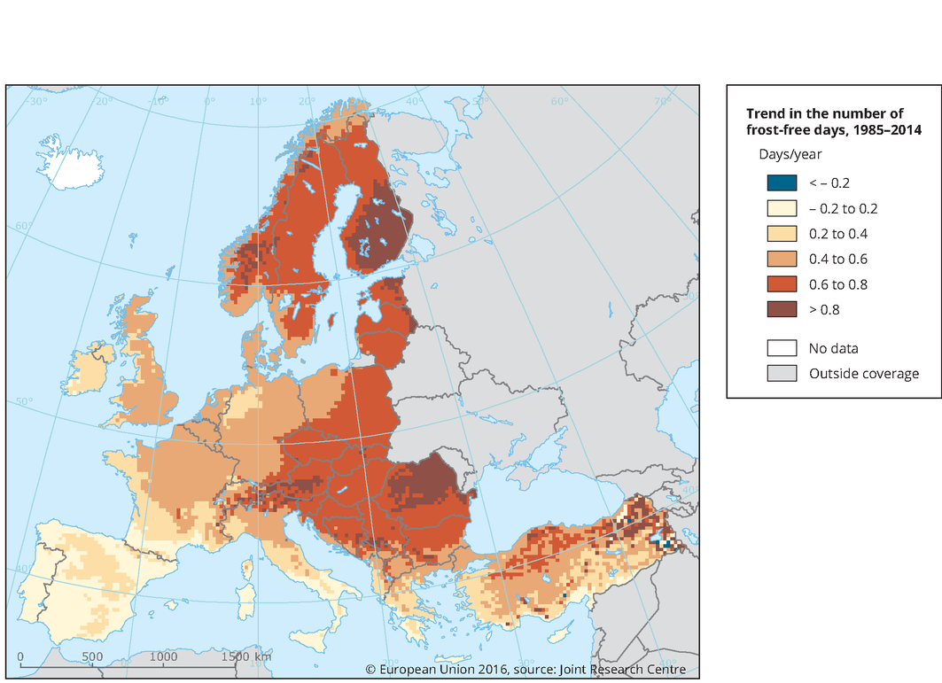 Frost And Freeze Map Trend In The Number Of Frost-Free Days — European Environment Agency