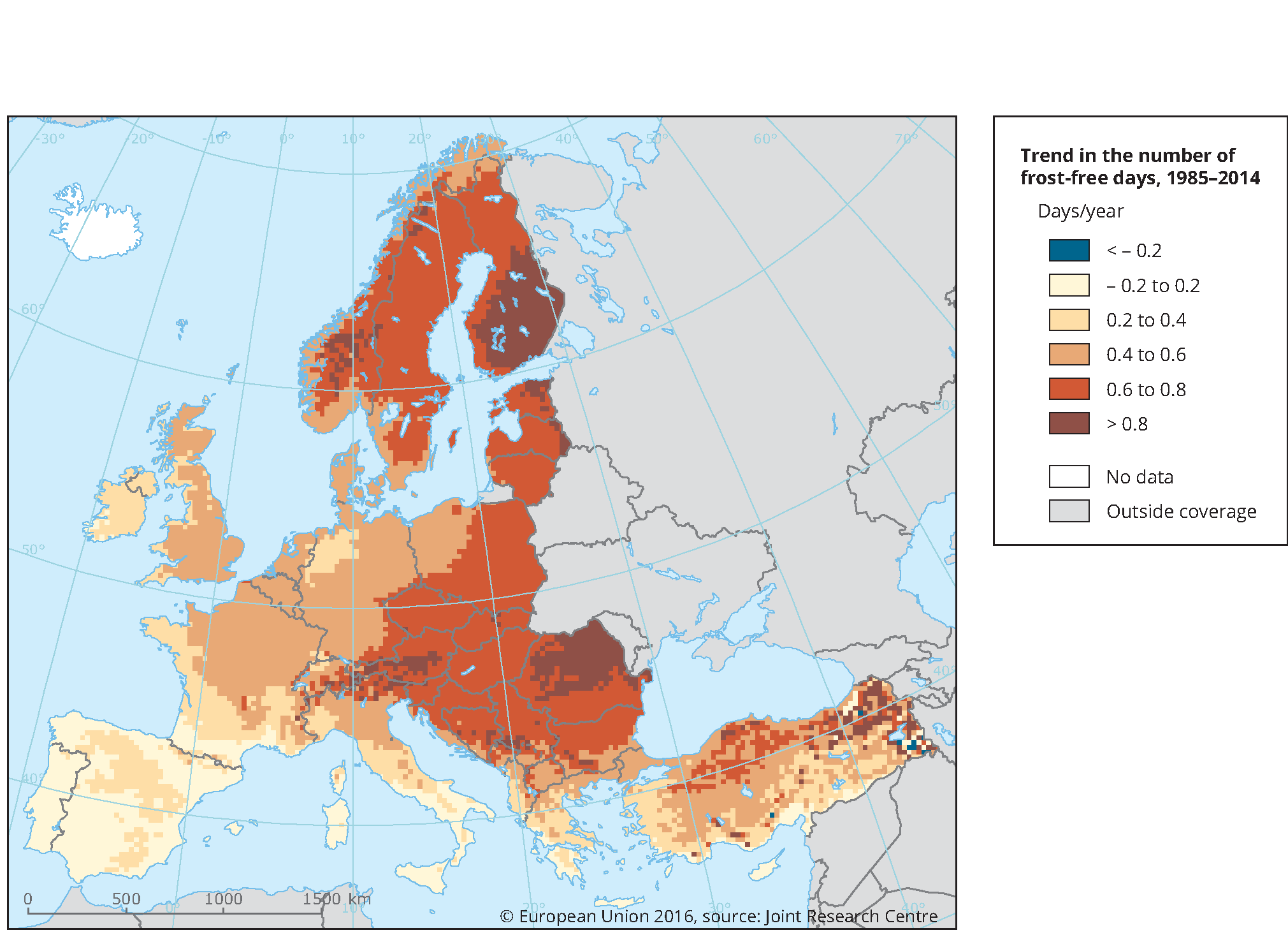 Trend in the number of frost-free days 