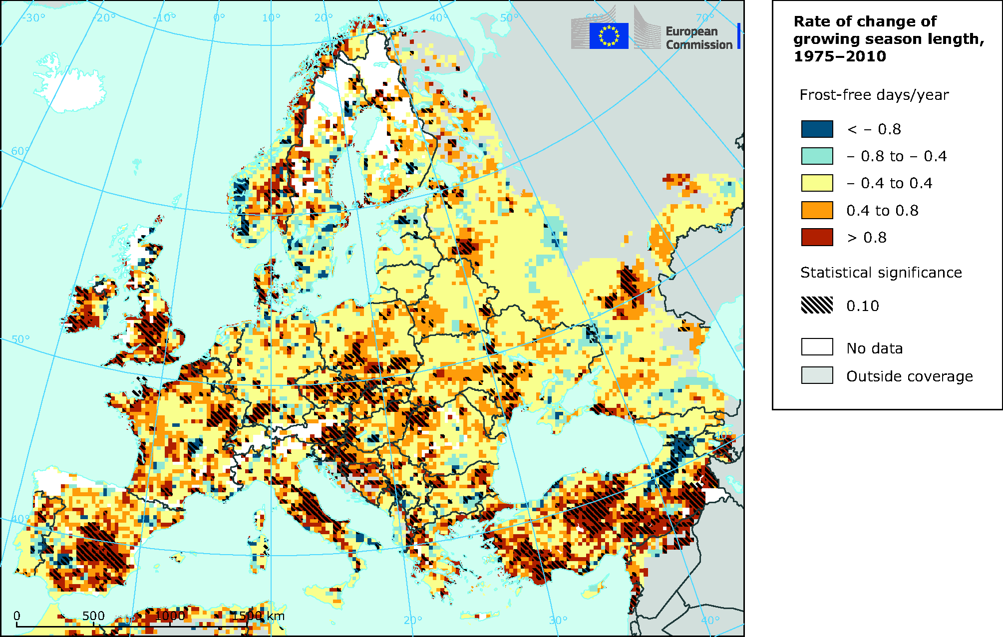 Change in the number of frost-free days per year 