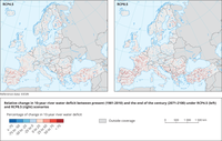 Relative change in 10-year river water deficit between present (1981-2010) and the end of the century (2071-2100) under RCP4.5 and RCP8.5 scenarios