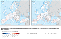 Projected change in 10-year river water deficit between the present (1981-2010) and the end of the 21st century (2071-2100) in Europe, under two emissions scenarios