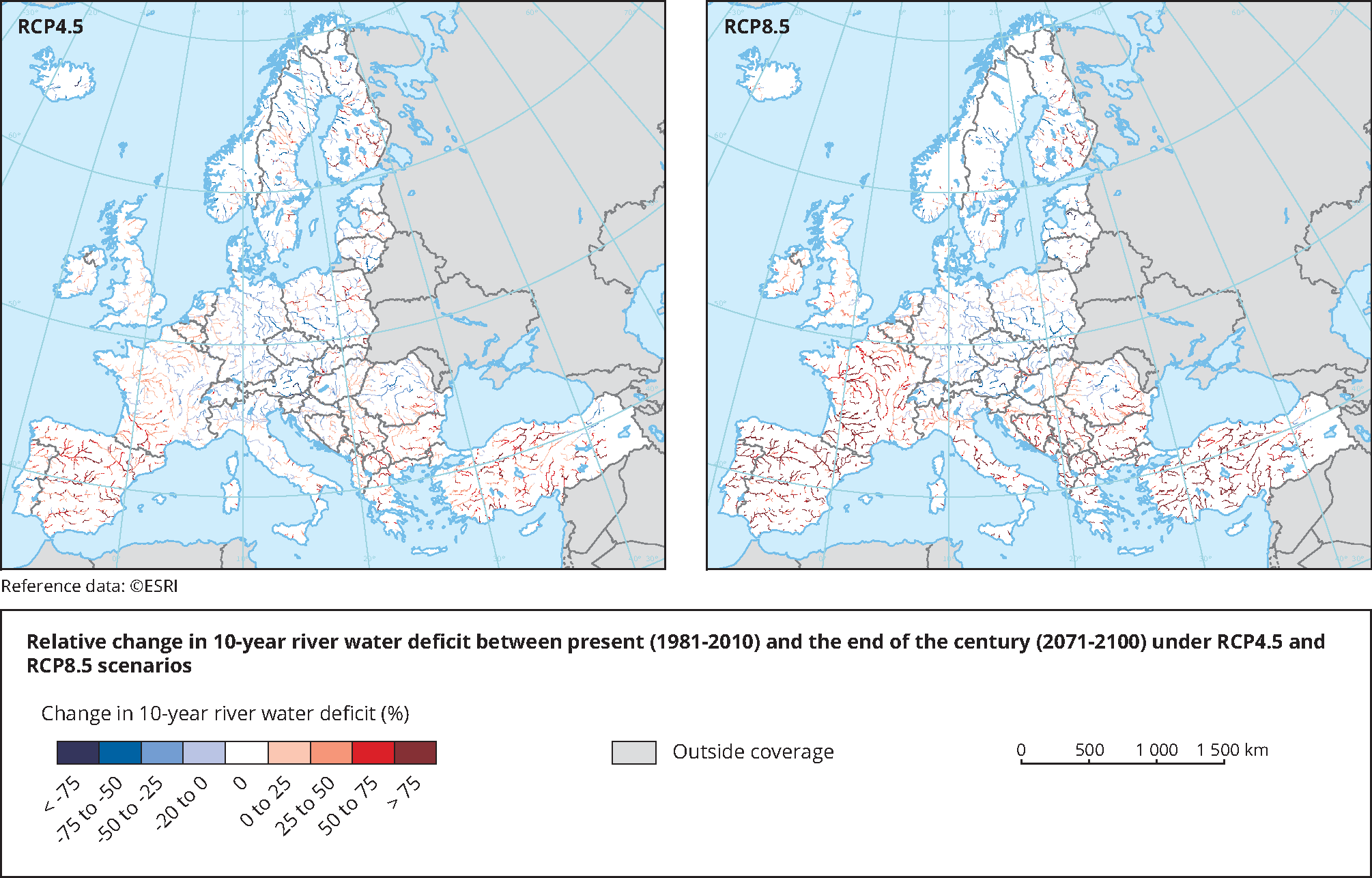 Projected change in 10-year river water deficit between the present (1981-2010) and the end of the 21st century (2071-2100) in Europe, under two emissions scenarios