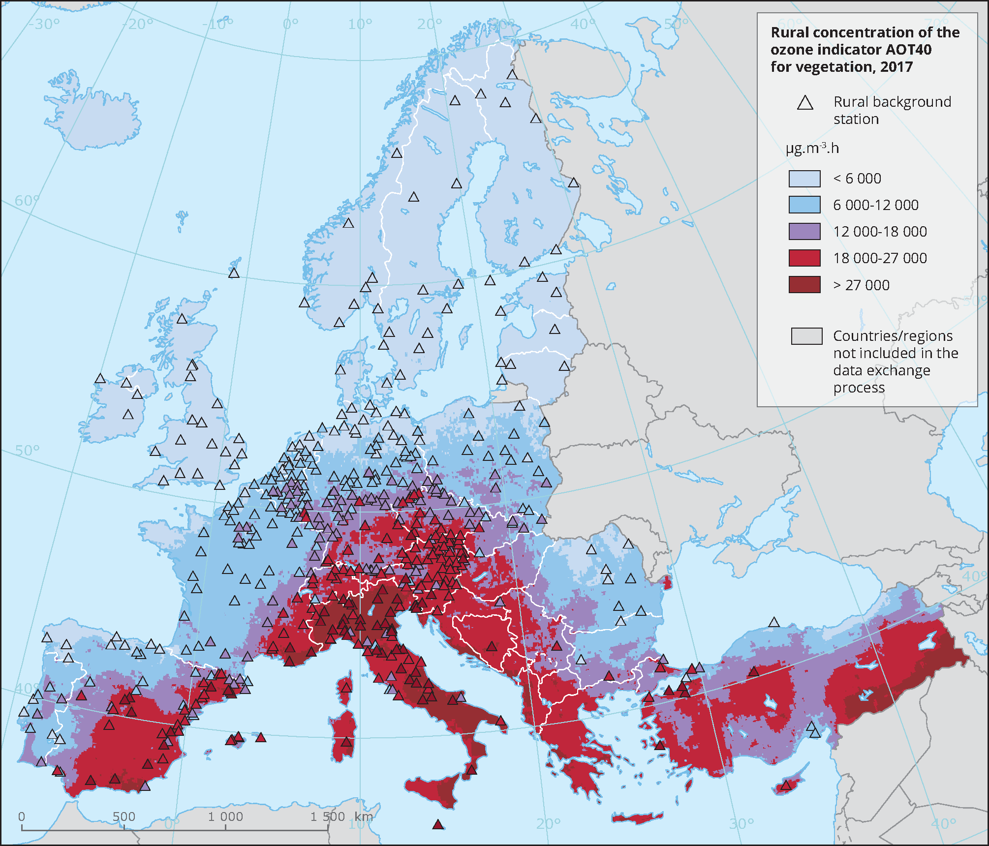 Rural concentration of the ozone indicator AOT40 for vegetation, 2017