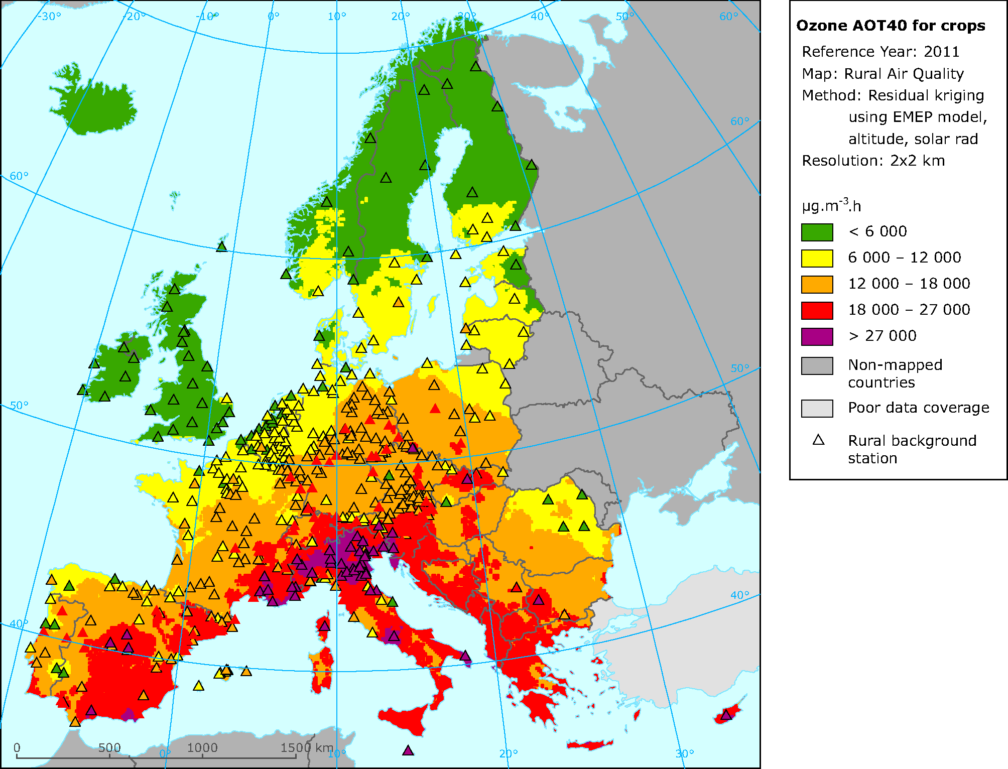 Rural concentration map of the ozone indicator AOT40 for crops in 2011