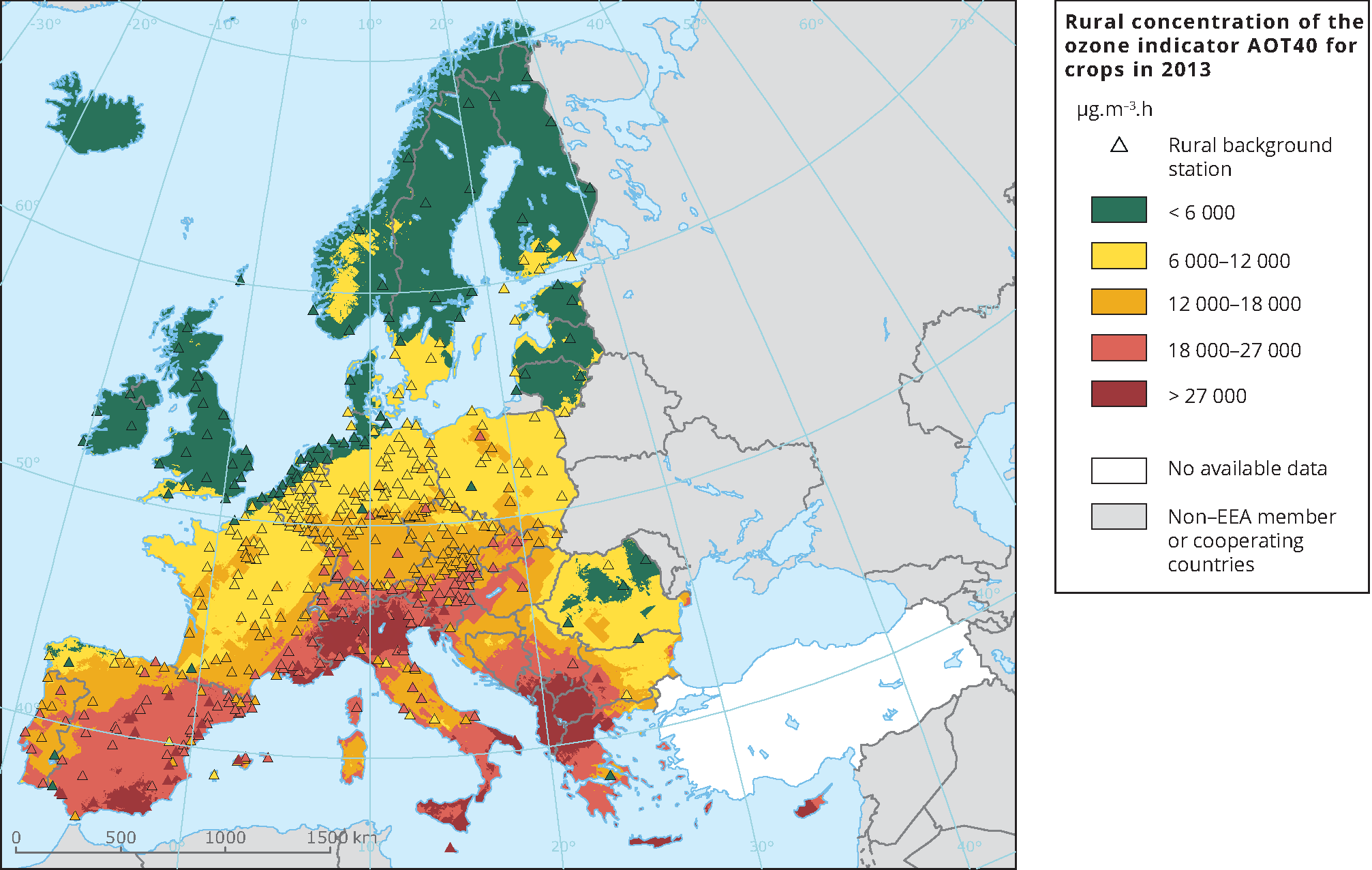 Rural concentration of the ozone indicator AOT40 for crops in 2013