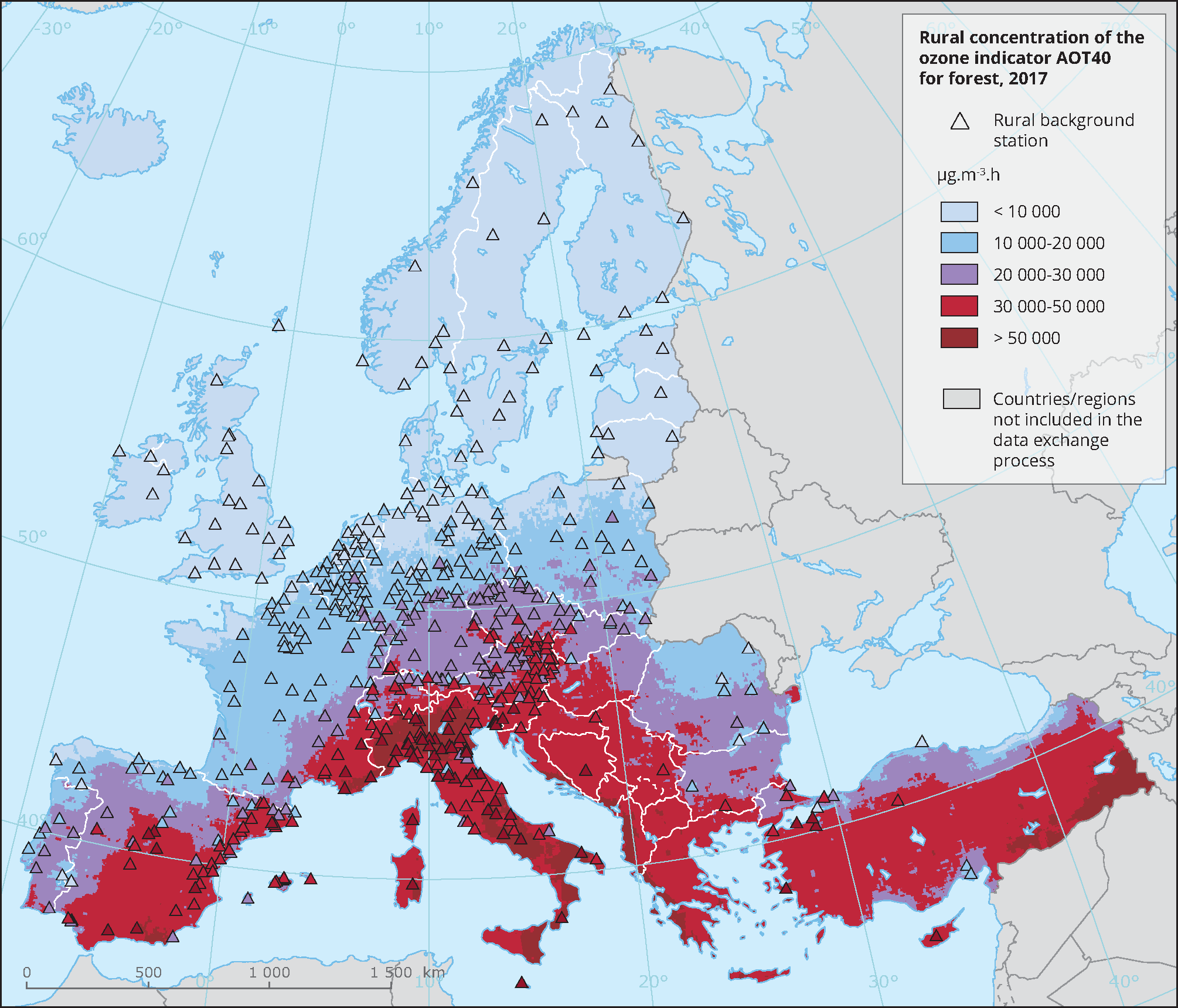 Rural concentration of the ozone indicator AOT40 for forest, 2017