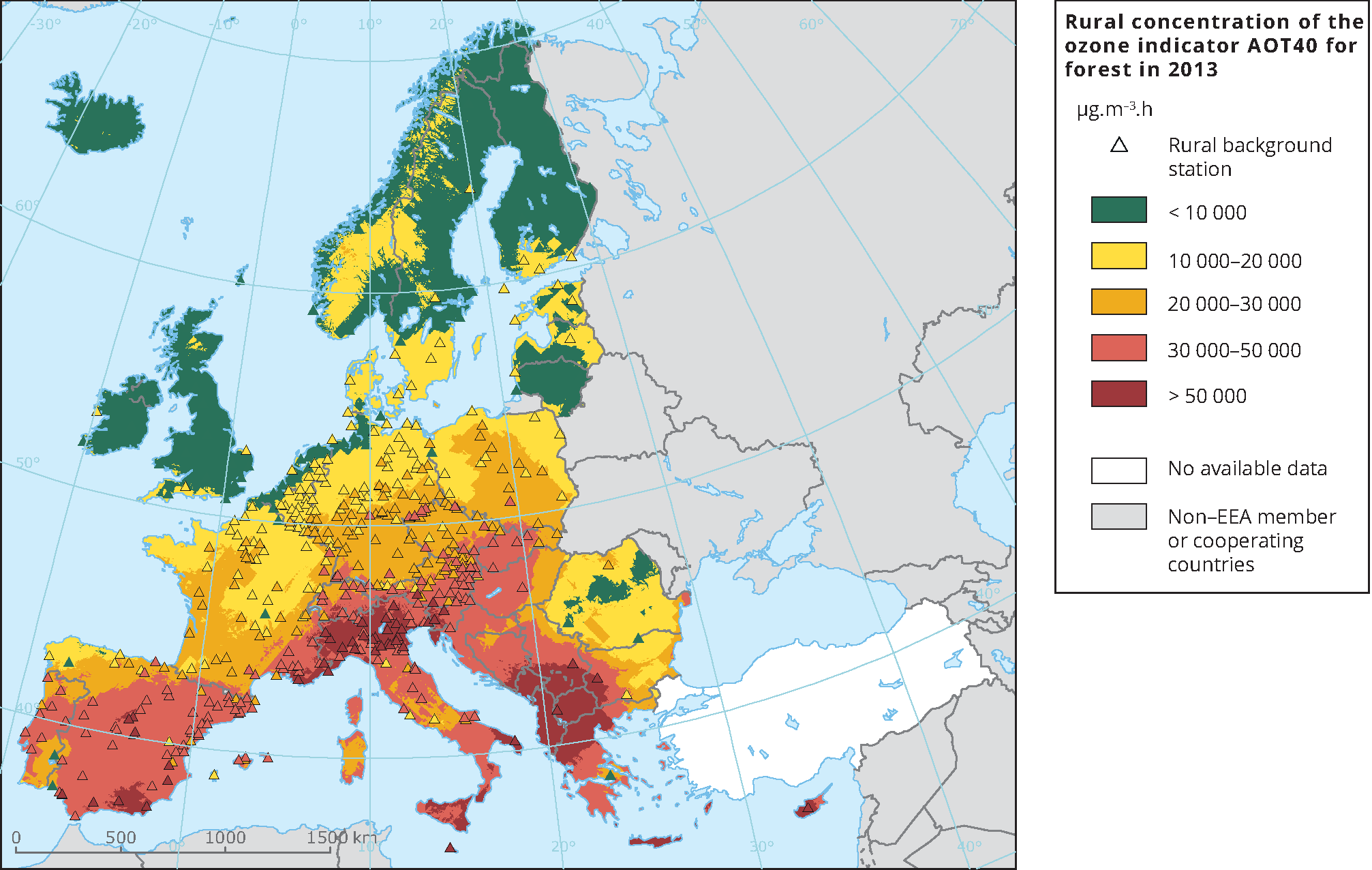 Rural concentration of the ozone indicator AOT40 for forest 