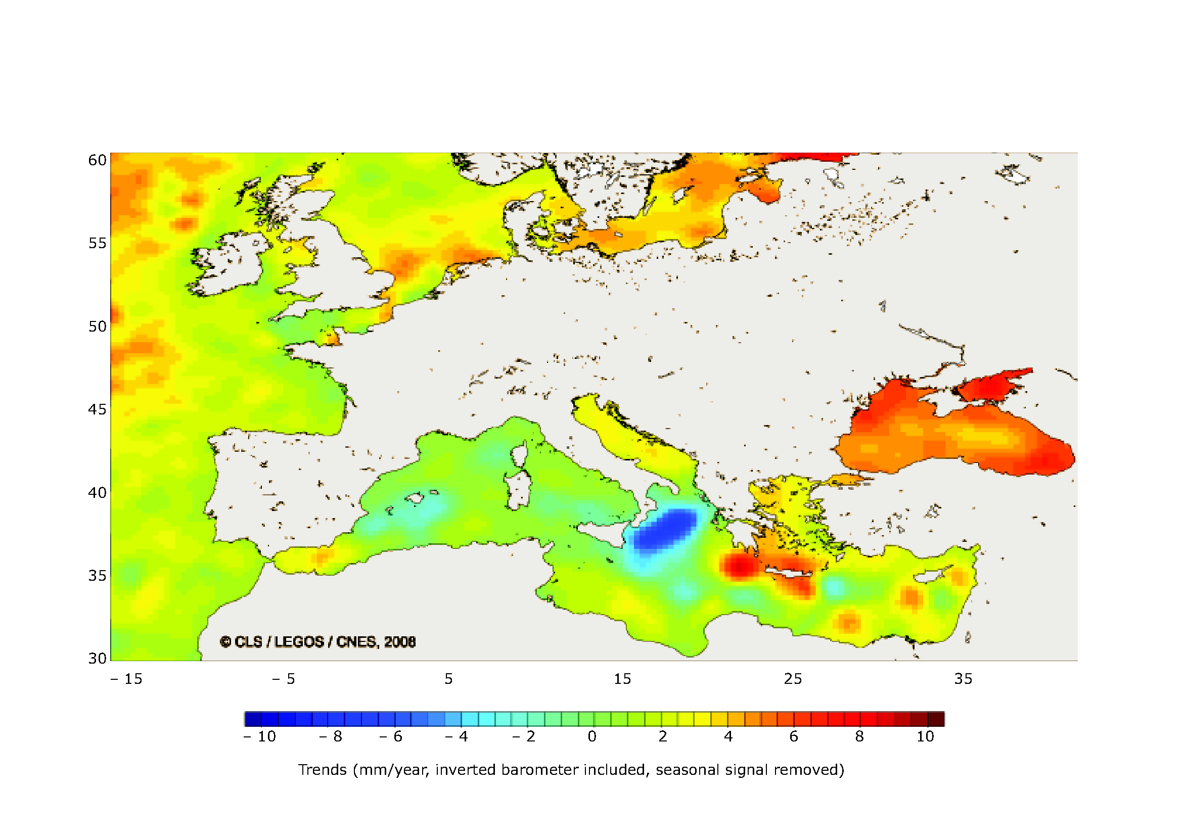 Sea-level changes in Europe October 1992-May 2007