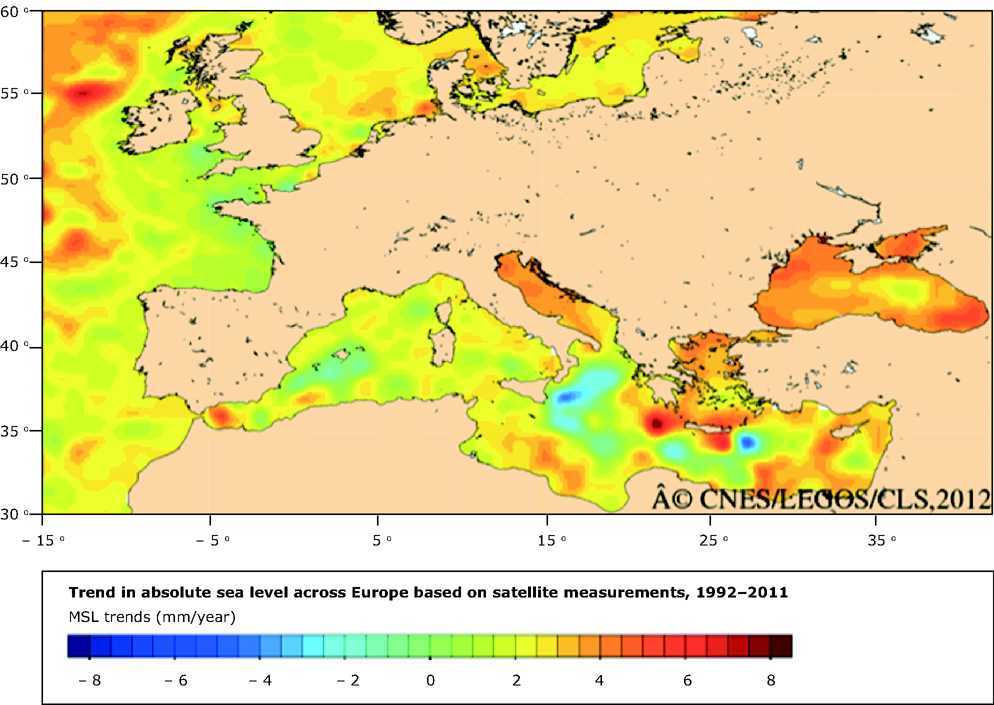 Trend in absolute sea level across Europe based on satellite measurements (1992–2011)