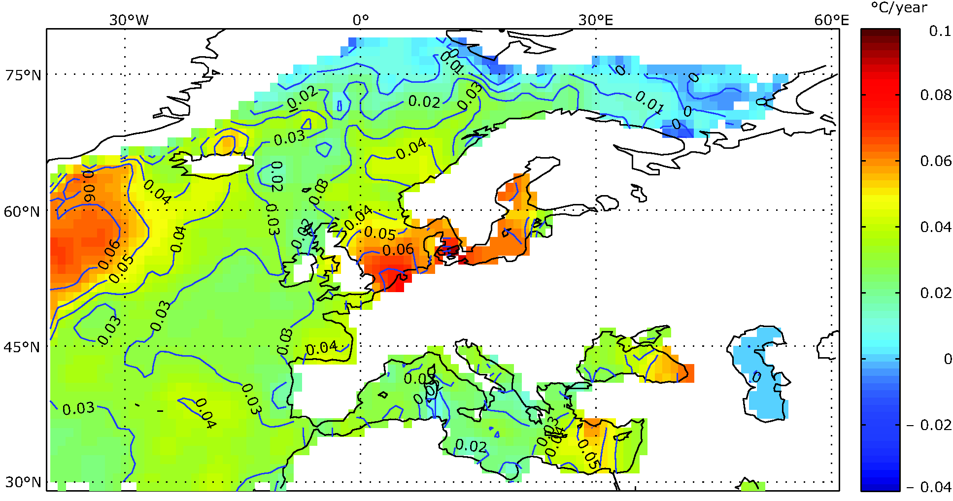 Sea surface temperature changes for the European seas 1982-2006
