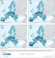 Seasonal water scarcity conditions across Europe, measured by the water exploitation index plus (WEI+) for sub river basins, 2019