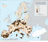 Seasonal water scarcity conditions across Europe, measured by the water exploitation index plus (WEI+) for sub river basins, summer 2019