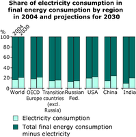 Share of electricity consumption in  final energy consumption by region in 2004 and projections for 2030