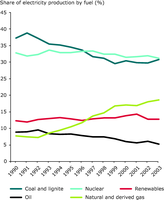 Share of electricity production by fuel, EU-25