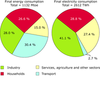 Share of final energy and electricity consumption by sector in 2003, EU-25