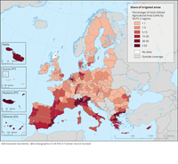 Share of irrigated areas in utilized agricultural areas by NUTS 2 region EU-28, 2016
