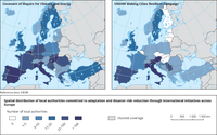 Spatial distribution of local authorities committed to adaptation and disaster risk reduction through international initiatives across Europe