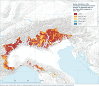 Spatial distribution of the percentage Snow Water Equivalent (SWE) anomaly for the Italian Alps, on 2nd March 2023 compared to 2011-2021