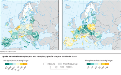 Spatial variation in N surplus (left) and P surplus (right) for the year 2010 in the EU-27