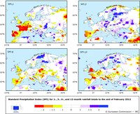 SPI for 1-, 3-, 6-, and 12-month rainfall totals to the end of February 2012