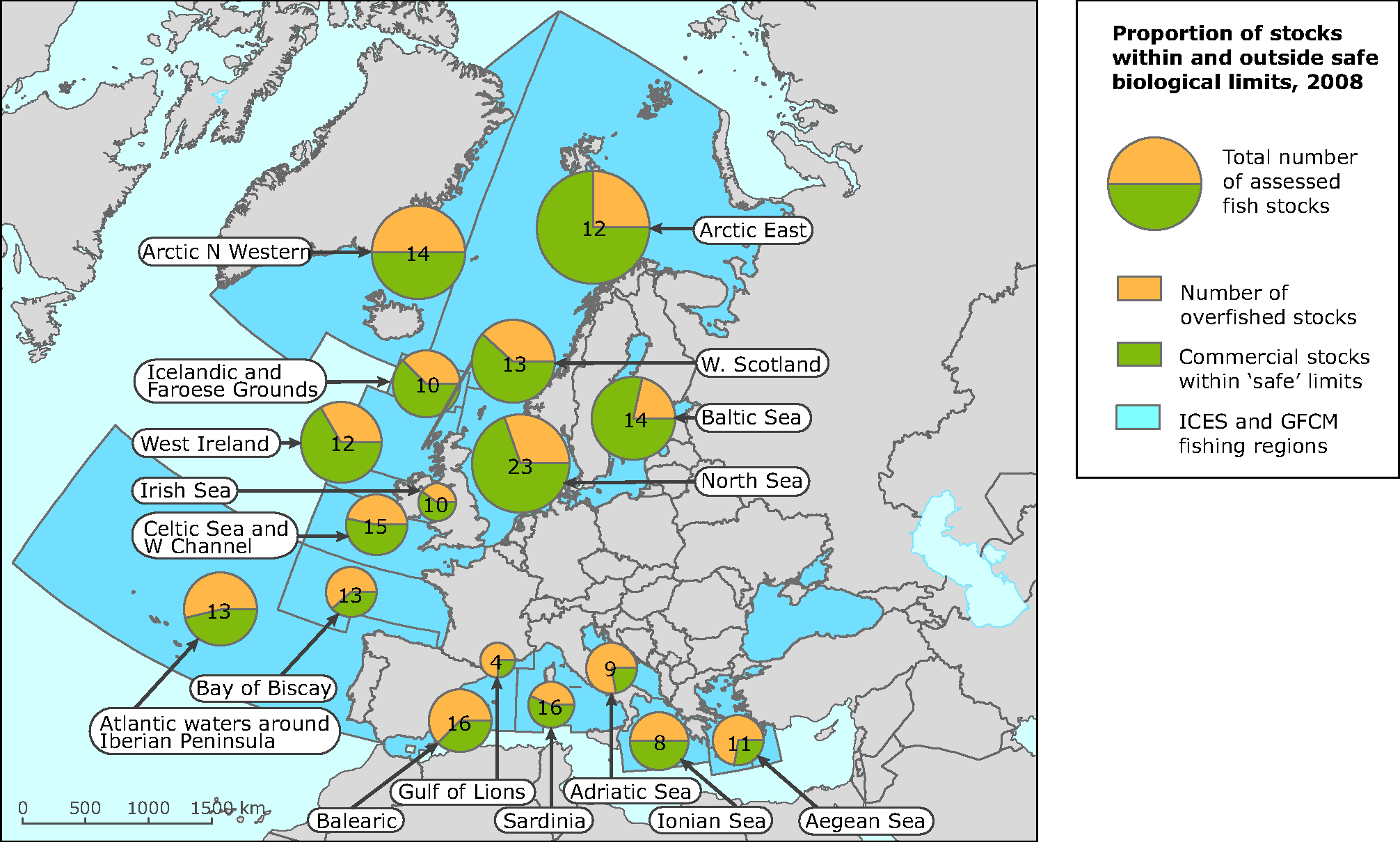Status of fish stocks in International Council for Exploration of the Sea (ICES) and General Fisheries Commission for the Mediterranean (GFCM) fishing regions of Europe