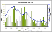 The North Sea cod stock ? Historical development in recruitment and spawning stock biomass.